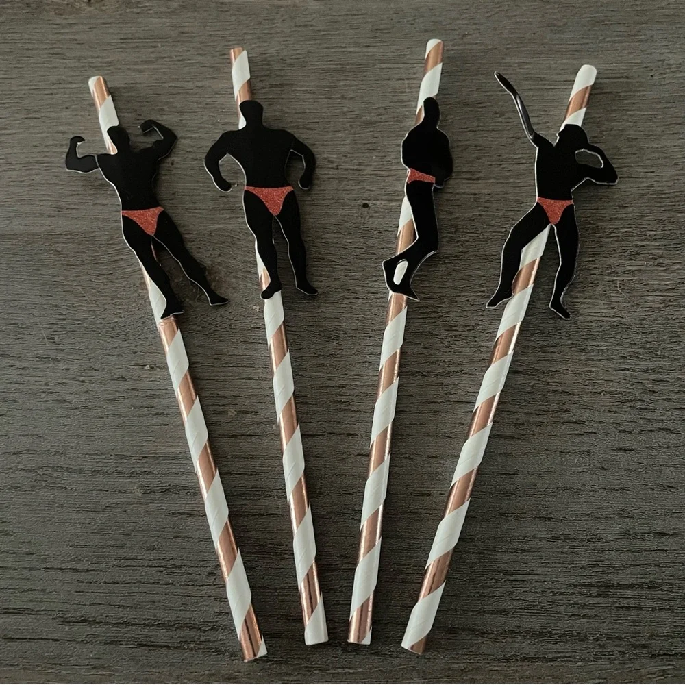 NWT Striped Party Straws with Bodybuilder Cutouts